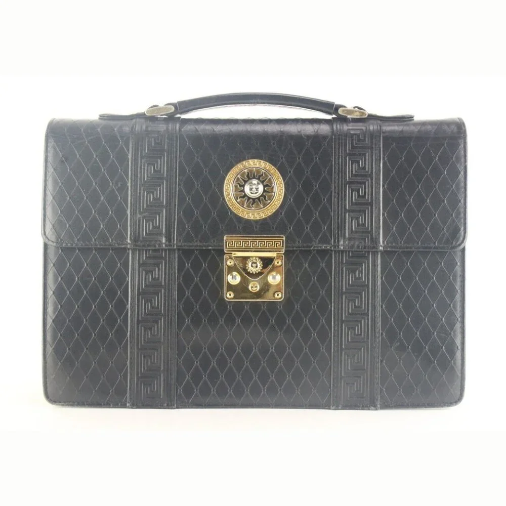 Versace Black Mini Top Handle Briefcase Greek Key Sun 2VER105K